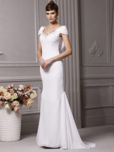 Dynamic Mermaid With Train Side Zipper Wedding Dresses White for Wedding Party with Beading and Hand Made Flower Brush T