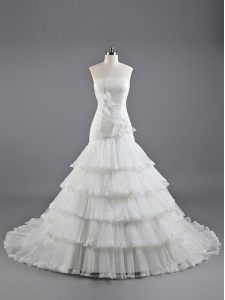 White A-line Ruffled Layers and Hand Made Flower Wedding Gown Lace Up Organza Sleeveless