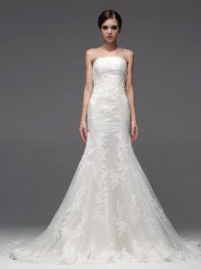 White Lace Up Strapless Lace Bridal Gown Lace Sleeveless Brush Train