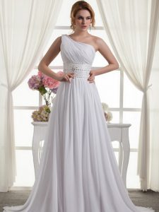 Free and Easy One Shoulder Sleeveless Chiffon Brush Train Lace Up Bridal Gown in White with Beading and Ruching