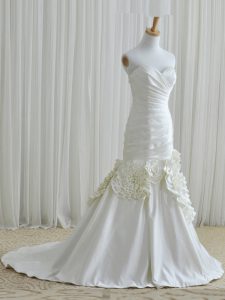 Deluxe Mermaid Sleeveless Brush Train Zipper Floor Length Ruching and Hand Made Flower Wedding Dress