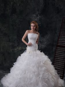 White Organza Lace Up Strapless Sleeveless Wedding Dresses Brush Train Ruffles and Ruching