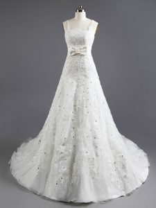 White Sleeveless With Train Beading and Appliques and Bowknot Lace Up Wedding Gown