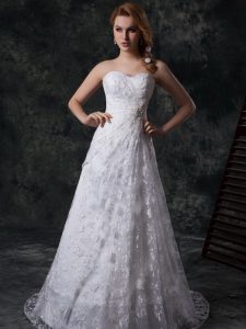 Popular White Sweetheart Zipper Beading and Lace Bridal Gown Sweep Train Sleeveless