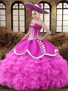 Fuchsia Lace Up Sweetheart Ruffles Ball Gown Prom Dress Organza Sleeveless