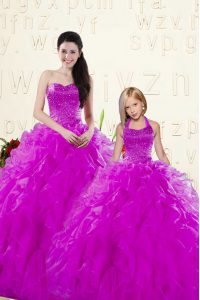 Hot Selling Purple Ball Gowns Sweetheart Sleeveless Organza Floor Length Lace Up Beading and Ruffles Quince Ball Gowns