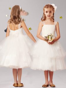 Straps White Sleeveless Tea Length Appliques and Ruffled Layers and Bowknot Zipper Flower Girl Dress