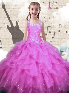 Halter Top Floor Length Lace Up Pageant Gowns For Girls Rose Pink for Party and Wedding Party with Beading and Ruffles
