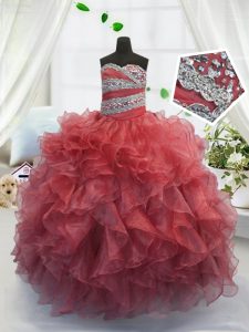 Noble Coral Red Sweetheart Lace Up Beading and Ruffles Girls Pageant Dresses Sleeveless
