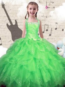 Dramatic Halter Top Green Sleeveless Organza Lace Up Child Pageant Dress for Party and Wedding Party
