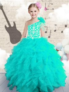 Charming One Shoulder Sleeveless Organza Little Girls Pageant Dress Wholesale Embroidery and Ruffles and Hand Made Flowe