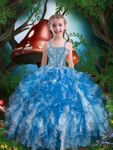 Organza Spaghetti Straps Sleeveless Lace Up Beading and Ruffles Winning Pageant Gowns in Blue