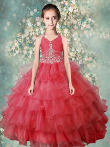 Exceptional Ruffled Floor Length Watermelon Red Little Girls Pageant Gowns Halter Top Sleeveless Zipper