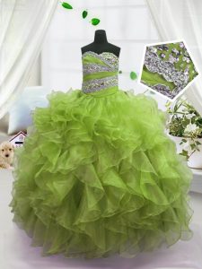 Olive Green Girls Pageant Dresses Party and Wedding Party and For with Beading and Ruffles Sweetheart Sleeveless Lace Up