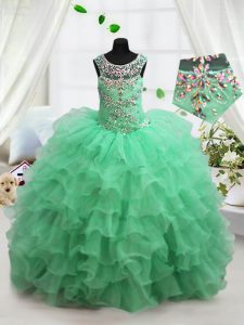 Scoop Apple Green Sleeveless Floor Length Beading and Ruffled Layers Lace Up Pageant Dress Wholesale