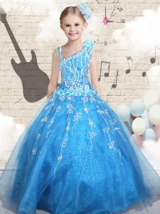Great Asymmetric Sleeveless High School Pageant Dress Floor Length Appliques Baby Blue Tulle