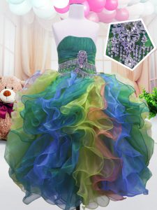 Multi-color Zipper Little Girl Pageant Dress Beading and Ruffles Sleeveless Floor Length