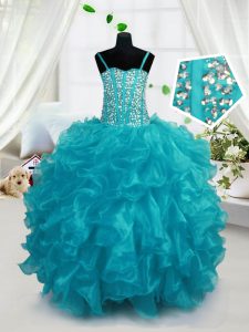 Traditional Aqua Blue Ball Gowns Beading and Ruffles Pageant Dress for Womens Lace Up Organza Sleeveless Floor Length