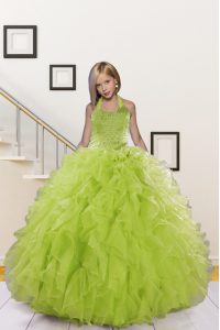 Olive Green Organza Lace Up Halter Top Sleeveless Floor Length Pageant Gowns Beading and Ruffles