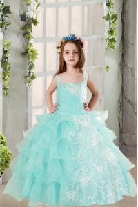 Sophisticated Light Blue Lace Up Square Lace and Ruffled Layers Little Girls Pageant Dress Organza Sleeveless