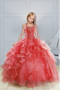 High End Halter Top Red Organza Lace Up Little Girls Pageant Dress Wholesale Sleeveless Floor Length Beading and Ruffles