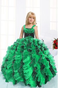 Custom Designed Floor Length Green Pageant Dress for Teens Organza Sleeveless Beading and Ruffles