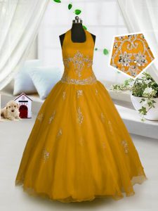 Glamorous Halter Top Orange Sleeveless Appliques Floor Length Little Girls Pageant Dress Wholesale