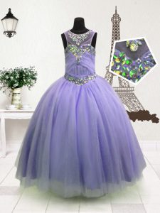 Glittering Organza High-neck Sleeveless Zipper Beading Pageant Dress for Girls in Lavender