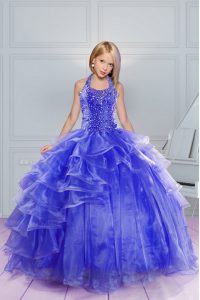 Blue Halter Top Lace Up Beading and Ruffles Pageant Dress Sleeveless