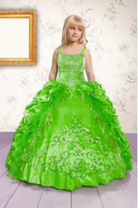 Custom Designed Pick Ups Green Sleeveless Satin Lace Up Pageant Dress for Teens for Party and Wedding Party
