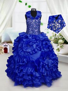 Graceful Royal Blue Ball Gowns Taffeta Halter Top Sleeveless Beading and Ruffles Floor Length Zipper Pageant Dress for T