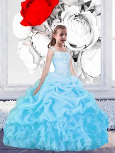Customized Baby Blue Lace Up Straps Beading and Ruffles and Pick Ups Girls Pageant Dresses Organza Sleeveless