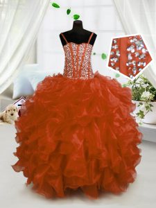 Super Floor Length Rust Red Little Girl Pageant Dress Spaghetti Straps Sleeveless Lace Up