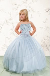 Fashionable Baby Blue Ball Gowns Beading Evening Gowns Lace Up Tulle Sleeveless Floor Length