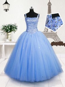 Sequins Baby Blue Sleeveless Tulle Lace Up Girls Pageant Dresses for Party and Wedding Party