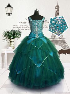 Straps Sleeveless Lace Up Kids Pageant Dress Teal Tulle