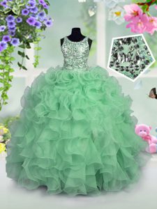 Scoop Sleeveless Little Girl Pageant Gowns Floor Length Ruffles and Sequins Apple Green Organza