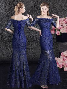 Elegant Mermaid Off the Shoulder Navy Blue Half Sleeves Lace Floor Length Homecoming Dress