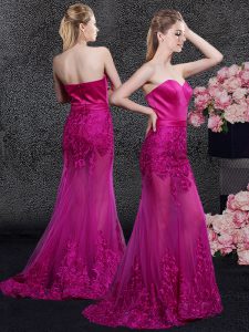 Lovely Mermaid Sweetheart Sleeveless Satin and Tulle Prom Gown Lace and Appliques Sweep Train Zipper