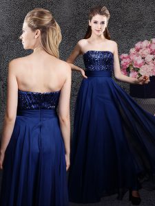 Navy Blue Zipper Dress for Prom Sequins Sleeveless Floor Length
