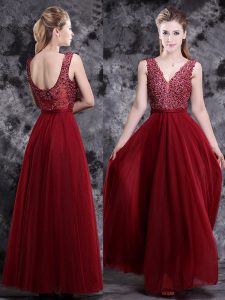 Wine Red V-neck Neckline Beading Dress for Prom Sleeveless Side Zipper