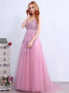 Sexy Sleeveless Tulle With Brush Train Backless Prom Gown in Pink with Appliques and Belt
