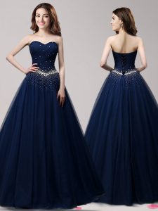 Designer Navy Blue Lace Up Evening Dress Beading Sleeveless Floor Length