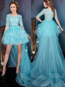 Aqua Blue Square Zipper Beading Prom Party Dress Half Sleeves