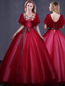Wine Red Ball Gowns Tulle Scoop Short Sleeves Appliques and Belt Floor Length Lace Up Quince Ball Gowns