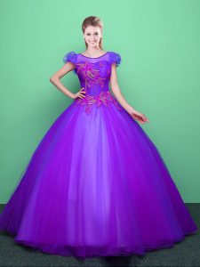 Floor Length Purple Quinceanera Dress Scoop Short Sleeves Lace Up