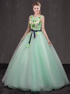 Floor Length Apple Green Quinceanera Dresses Scoop Sleeveless Lace Up