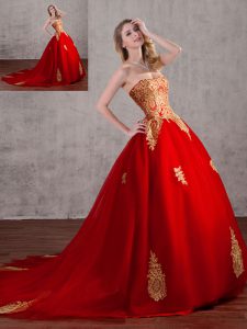 Shining Red Tulle Lace Up Strapless Sleeveless With Train 15th Birthday Dress Court Train Appliques
