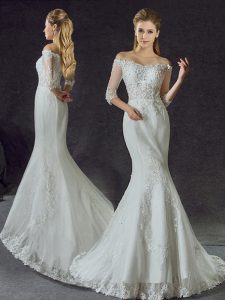 Mermaid Tulle Off The Shoulder Half Sleeves Brush Train Lace Up Lace and Appliques Bridal Gown in White