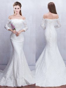 Simple Mermaid With Train White Wedding Gowns Off The Shoulder 3 4 Length Sleeve Brush Train Lace Up